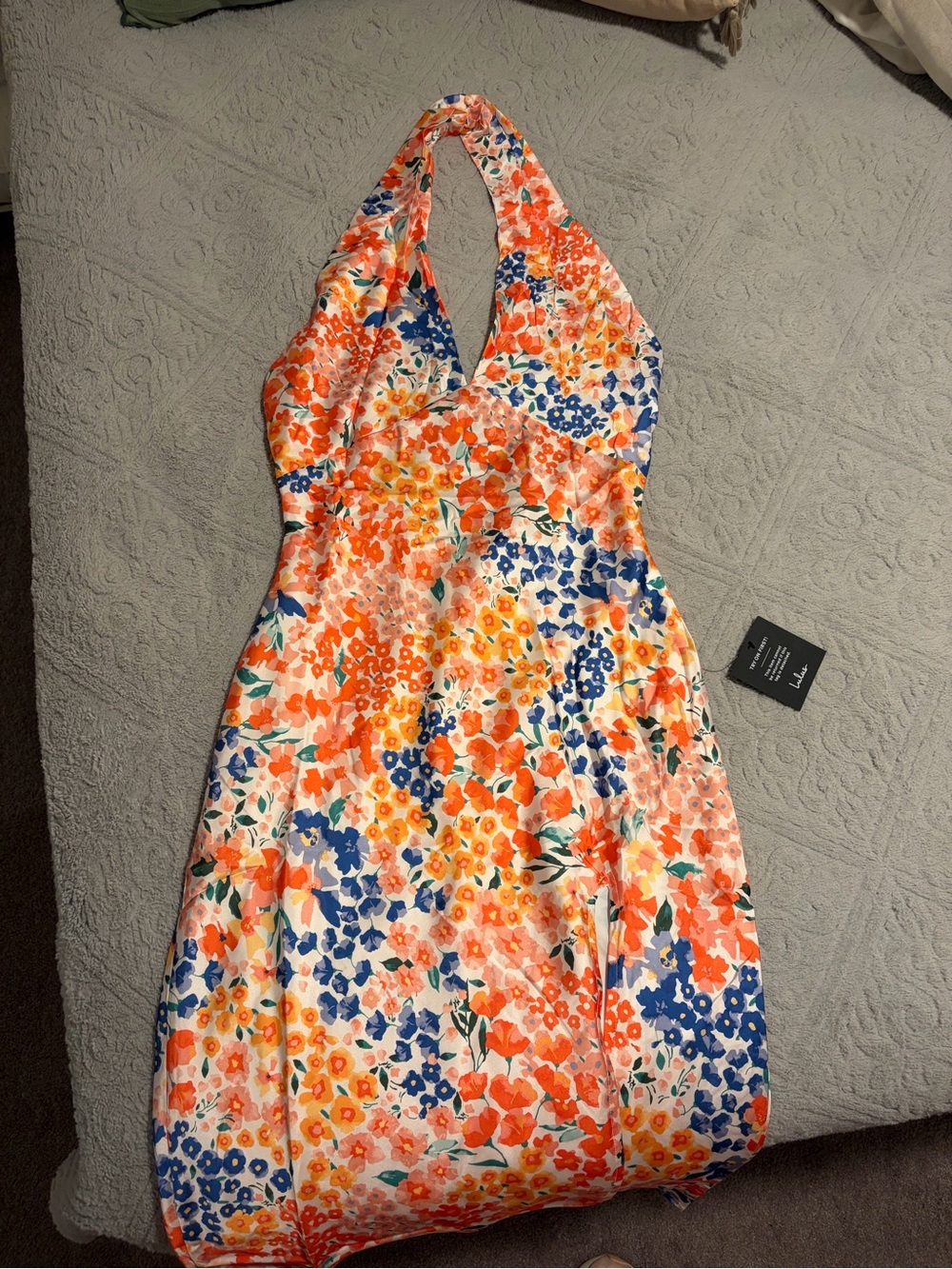 Lulu's Floral Halter Backless Dress in Orange, Blue & White